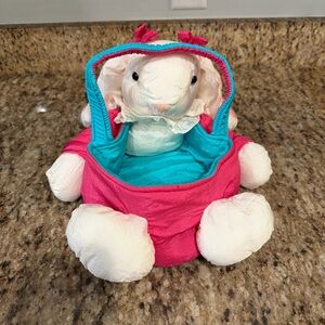 Vintage 90s Nylon Easter Basket Pink Plush White Bunny Rabbit 12” Stuffed Animal